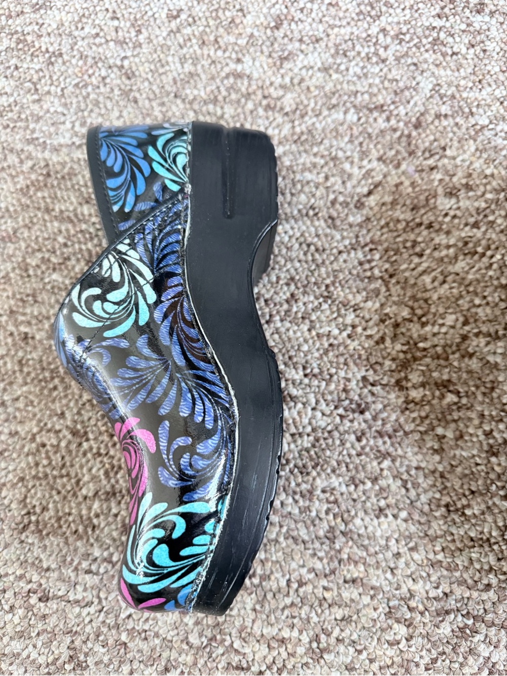 Dansko Black Clogs with Pink & Blue Floral Swirl - Picture 2 of 8